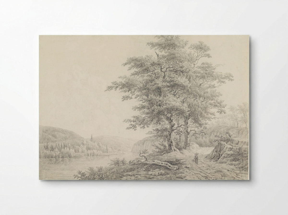 River Scene with a Woman and Dog on a Country Path - Willem de Klerk - Poster