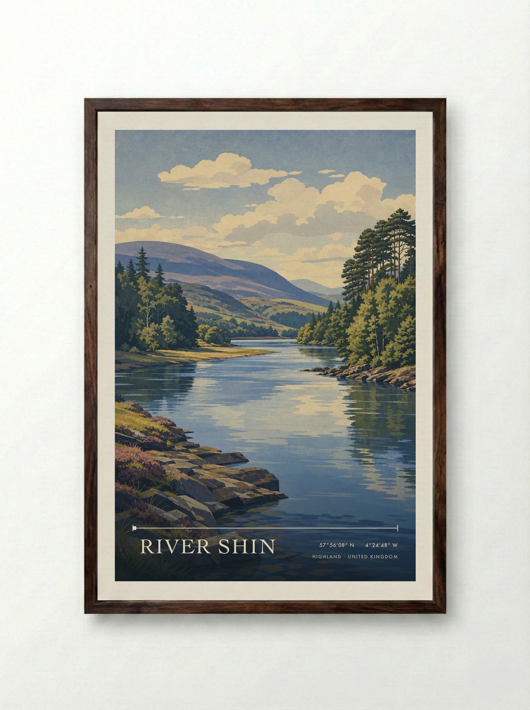 River Shin Highland United Kingdom Travel Poster - Framed Print Dark Wood