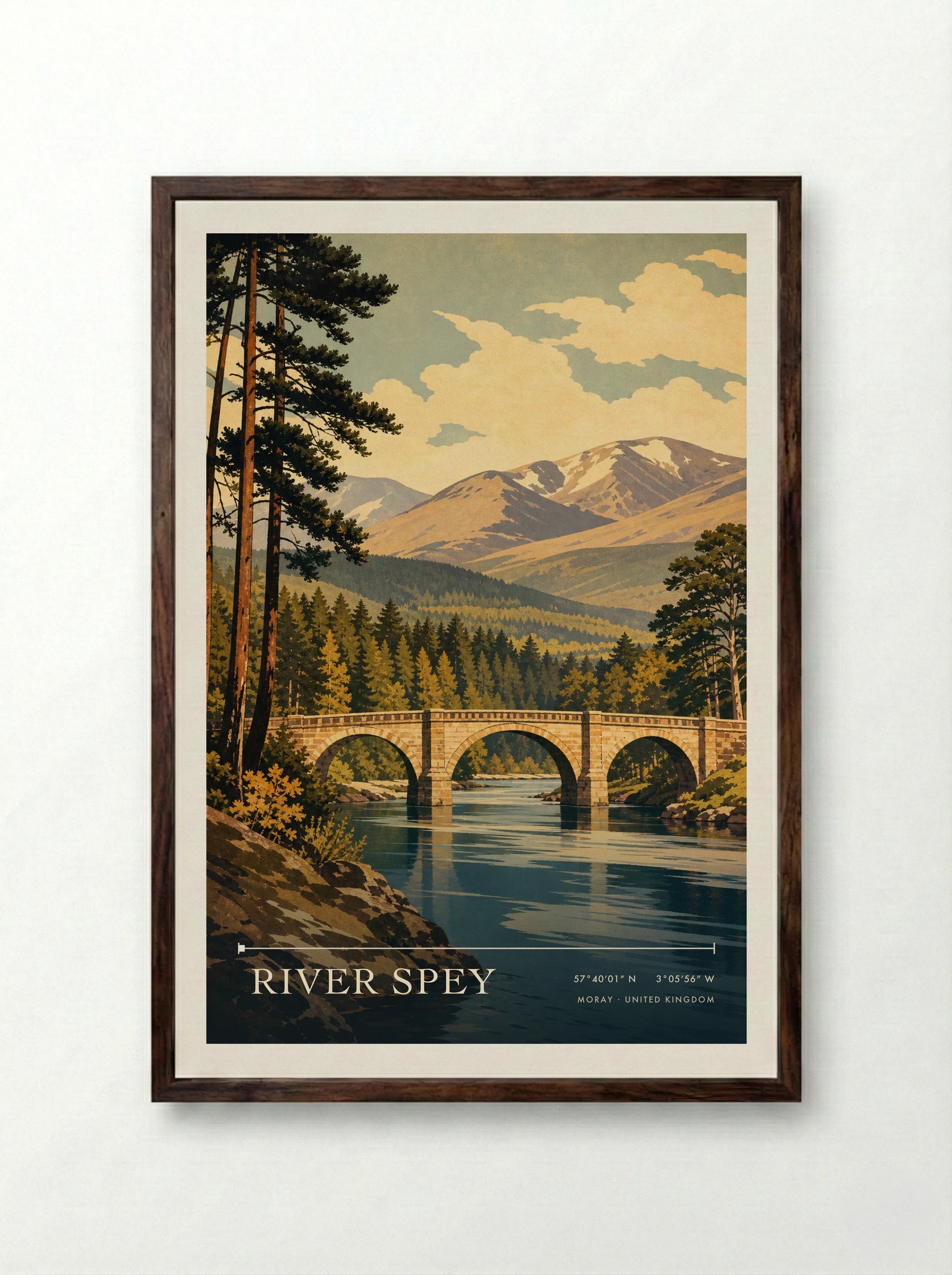River Spey Moray United Kingdom Travel Poster - Framed Print Dark Wood