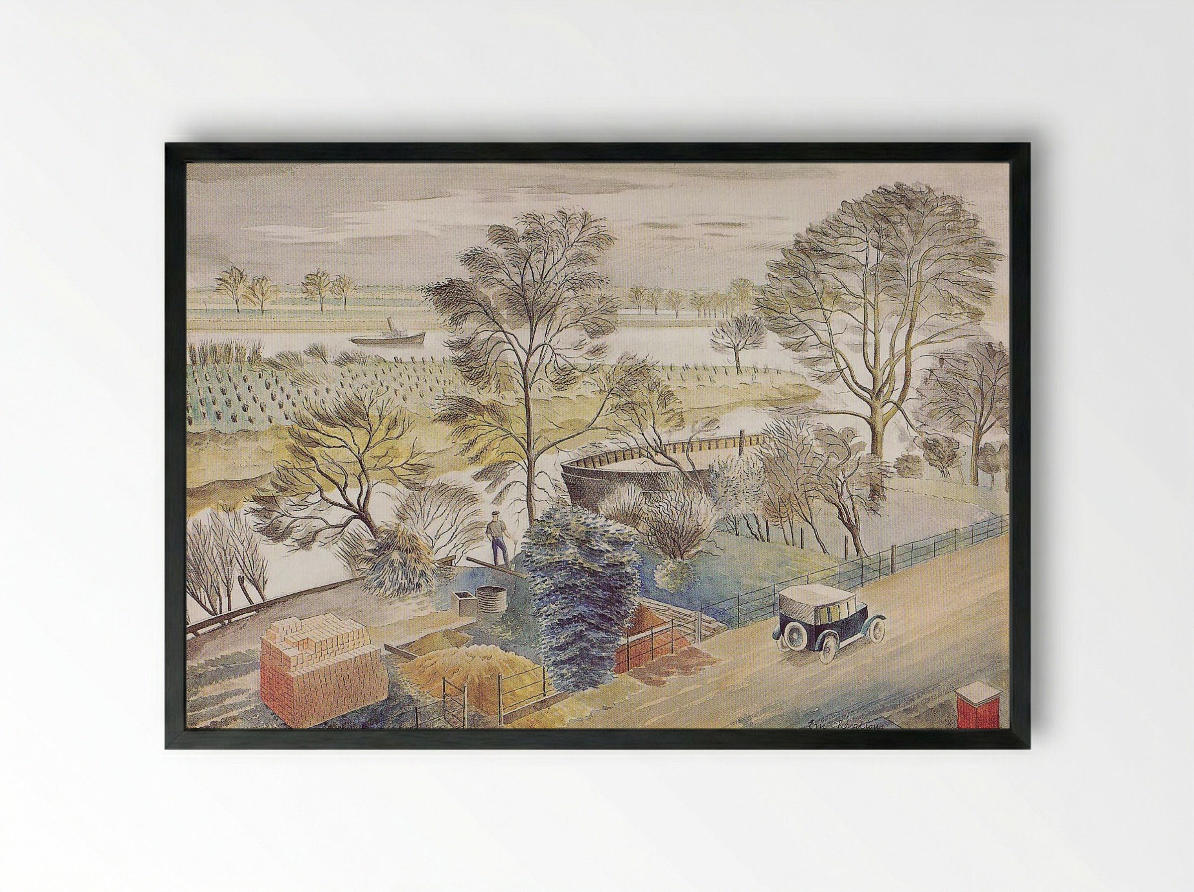 River Thames - Eric Ravilious - Framed Print Black