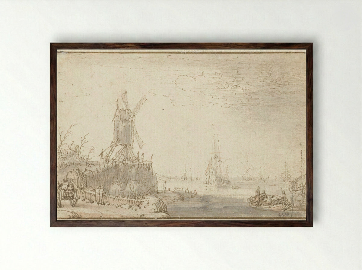 River View with Windmill - Cornelis Claesz. van Wieringen - Framed Print Dark Wood