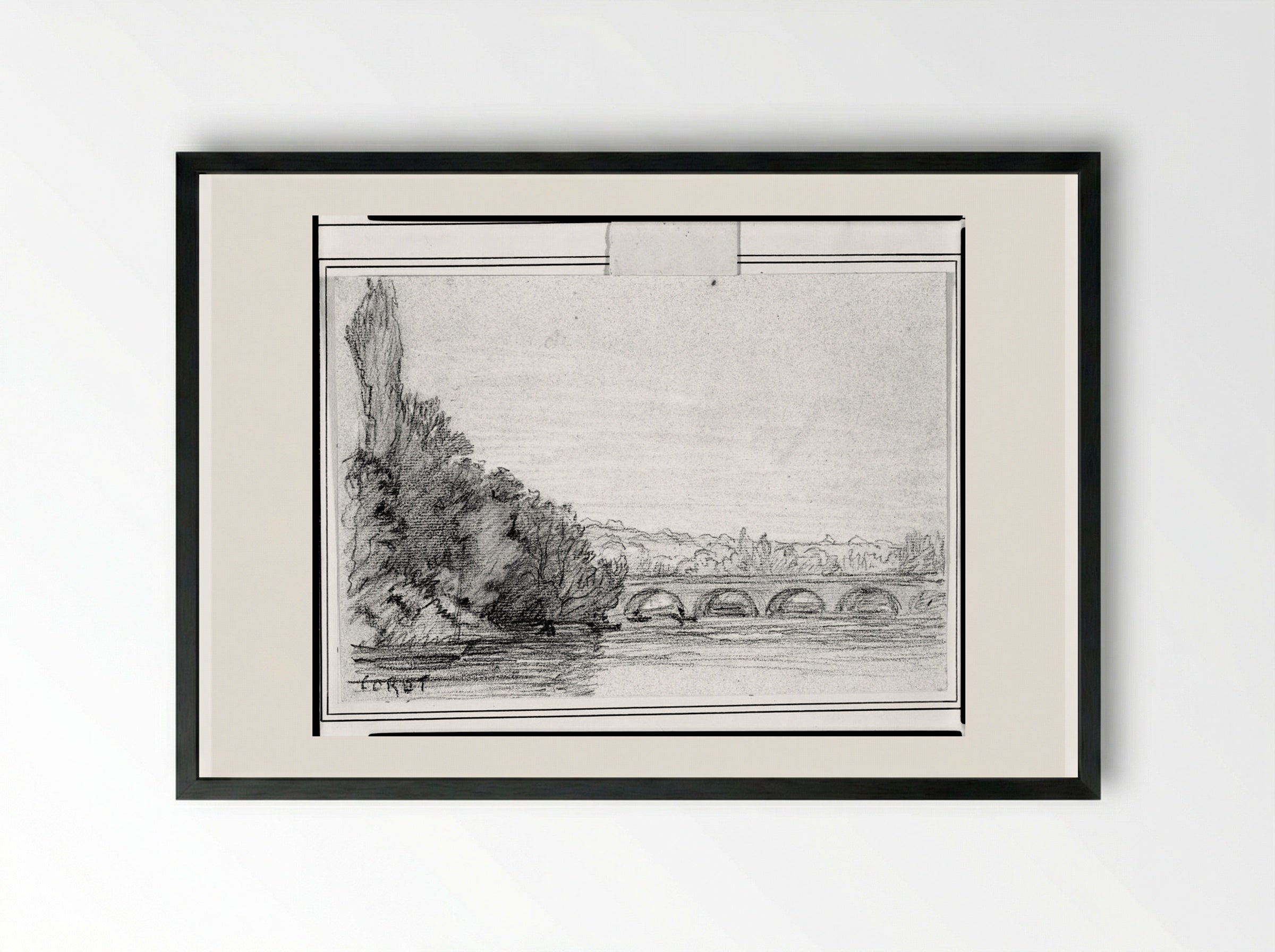 River View with a Bridge - Jean-Baptiste-Camille Corot - Framed Print Black