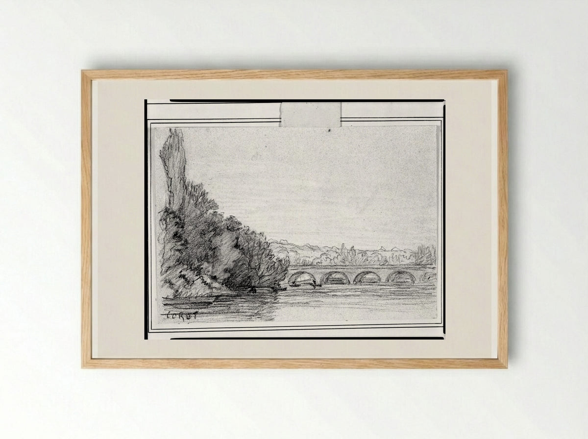 River View with a Bridge - Jean-Baptiste-Camille Corot - Framed Print Wood