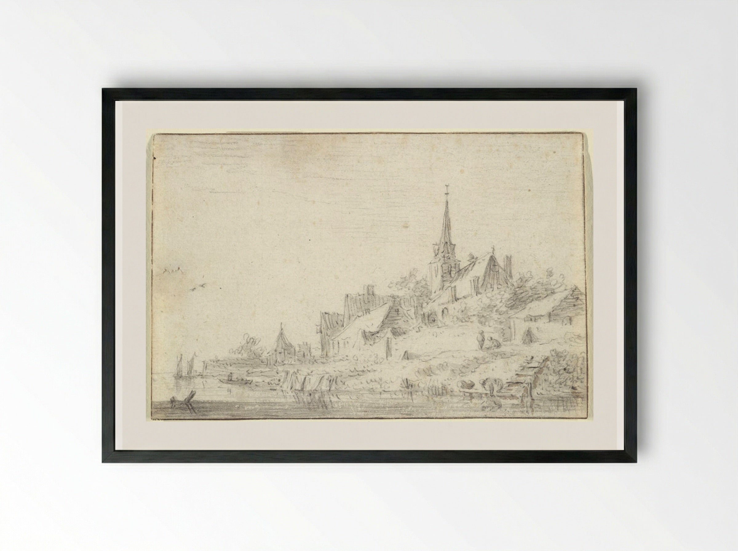 River View with a Village Church - Jan van Goyen - Framed Print Black