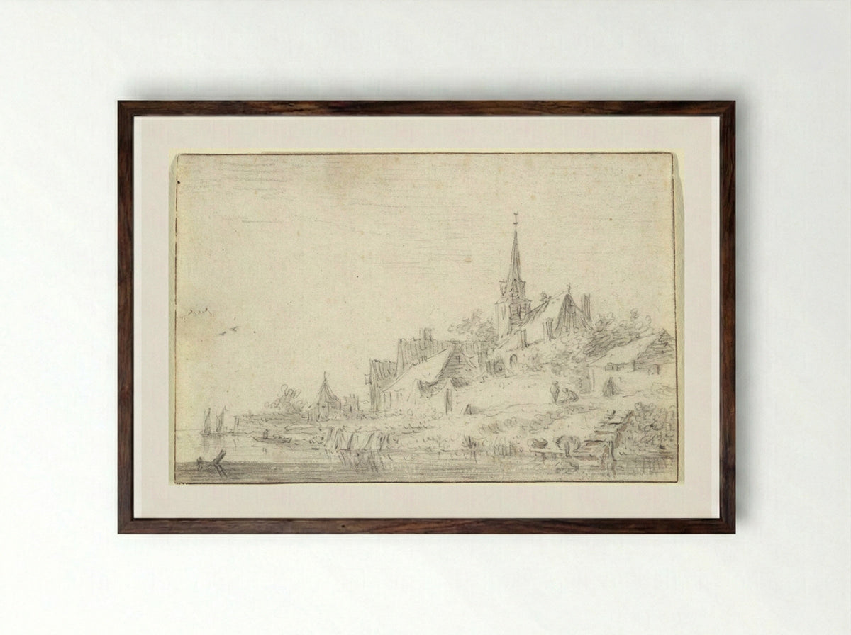 River View with a Village Church - Jan van Goyen - Framed Print Dark Wood
