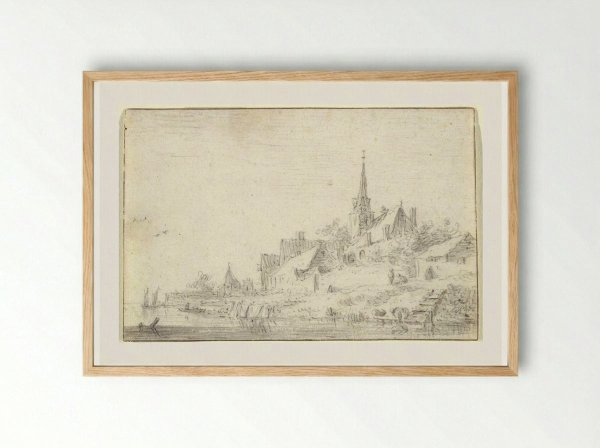 River View with a Village Church - Jan van Goyen - Framed Print Wood