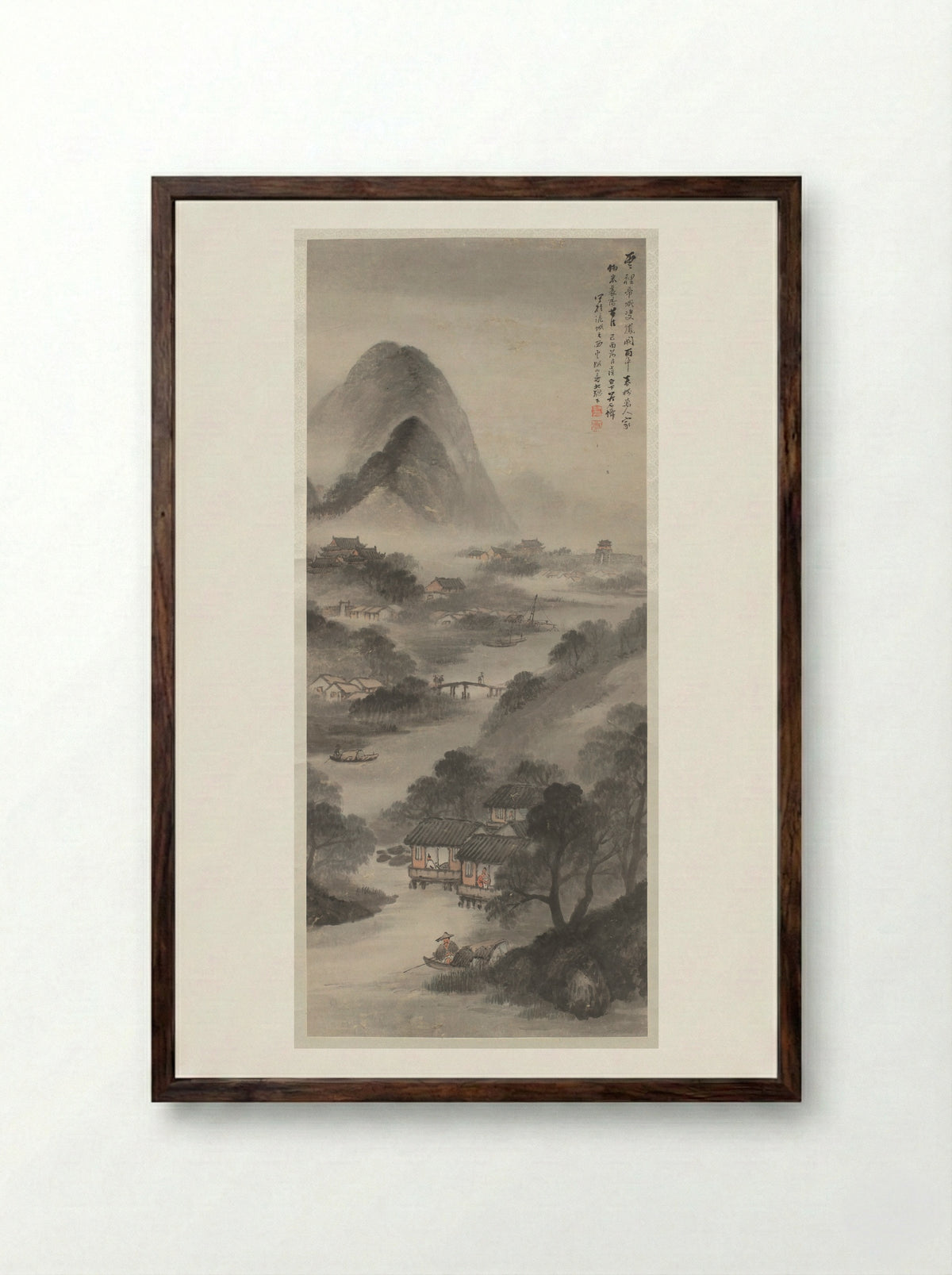 River Village in Mist - Wu Shixian - Framed Print Dark Wood