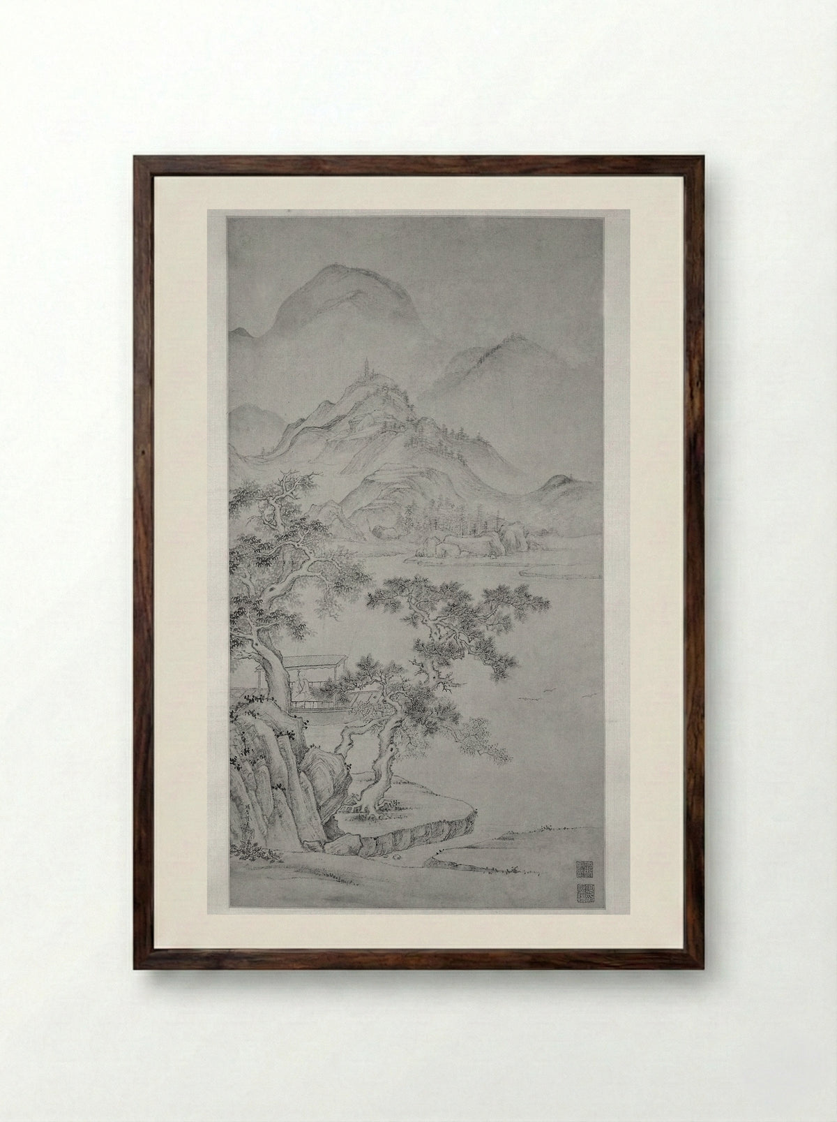 River and Mountain Landscape - Xiang Shengmo - Framed Print Dark Wood