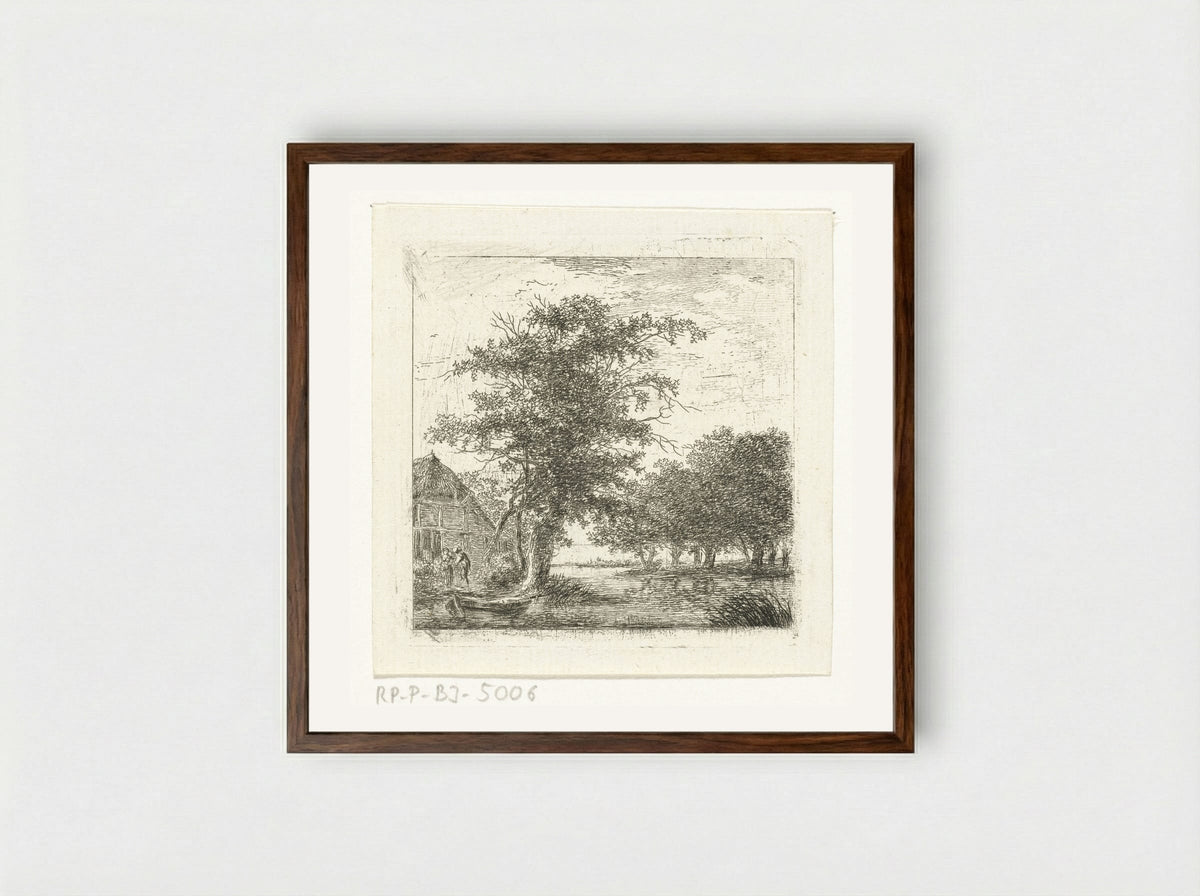 River in a Wooded Landscape - Hermanus van Brussel - Framed Print Dark Wood