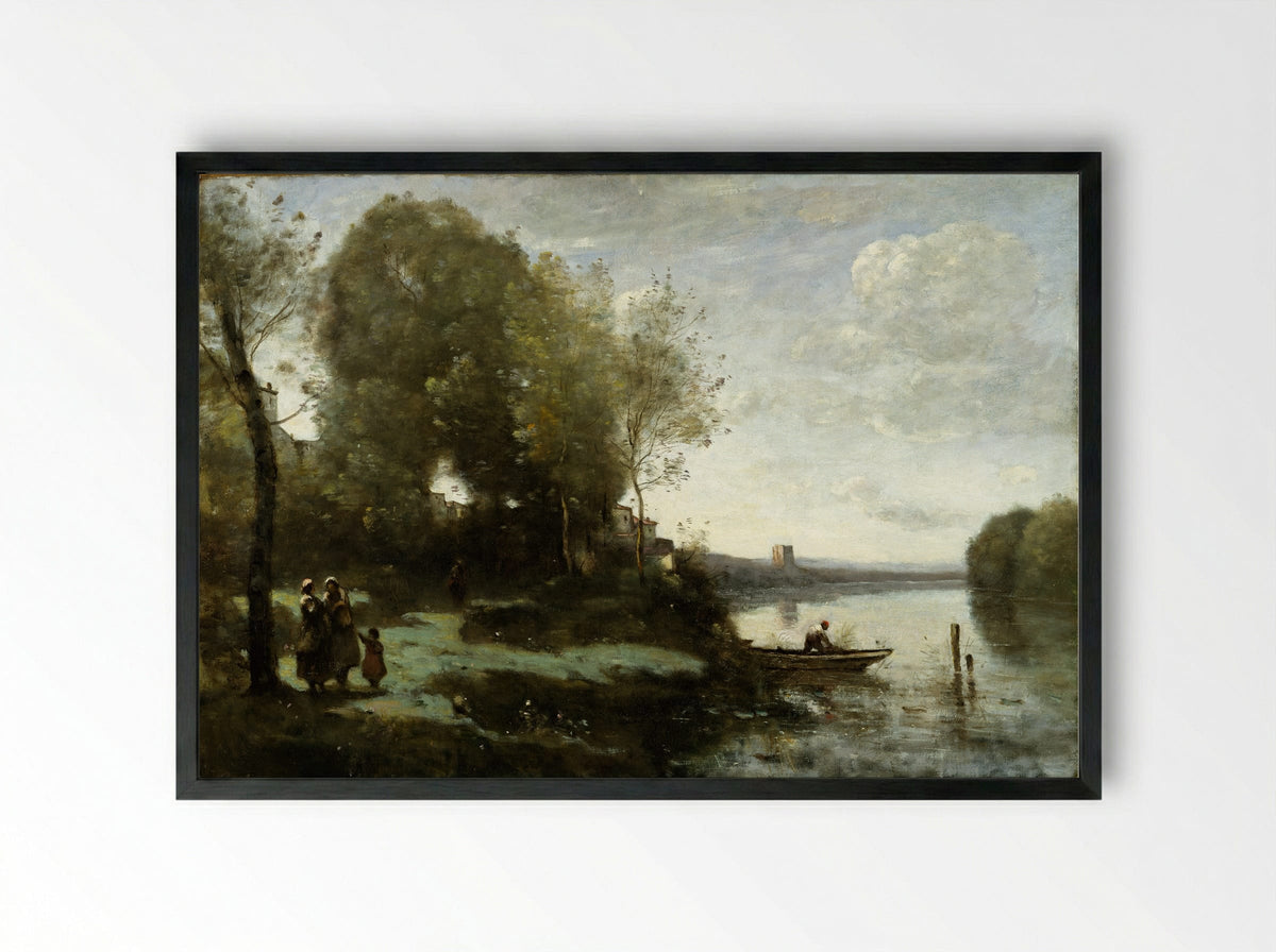 River with a Distant Tower - Camille Corot - Framed Print Black