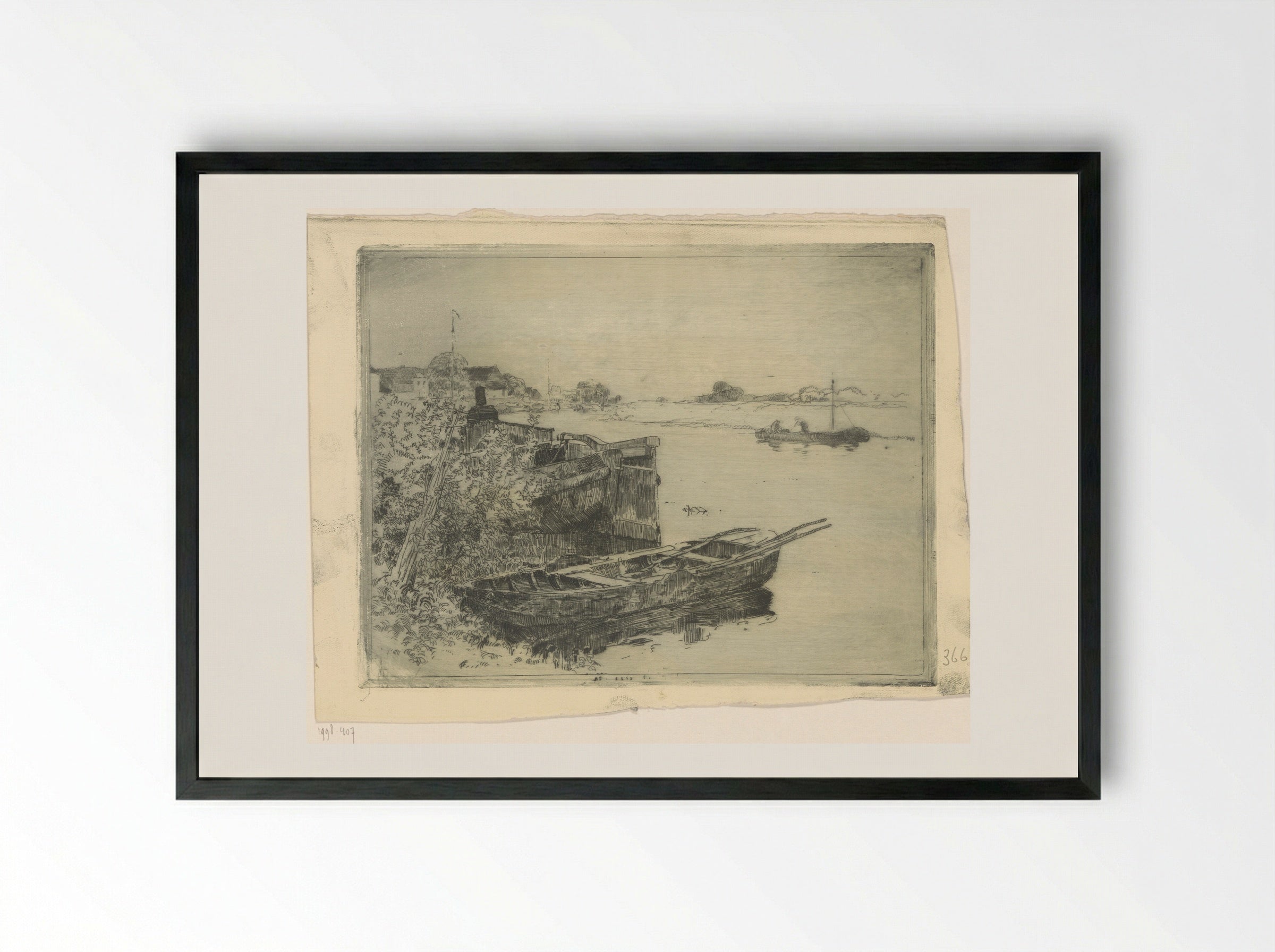 Rivier met boten aan de waterkant - Cornelis Vreedenburgh - Framed Print Black