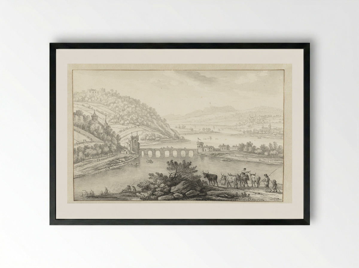Rivier met een brug in een berglandschap - Jan van der Meer (II) - Framed Print Black