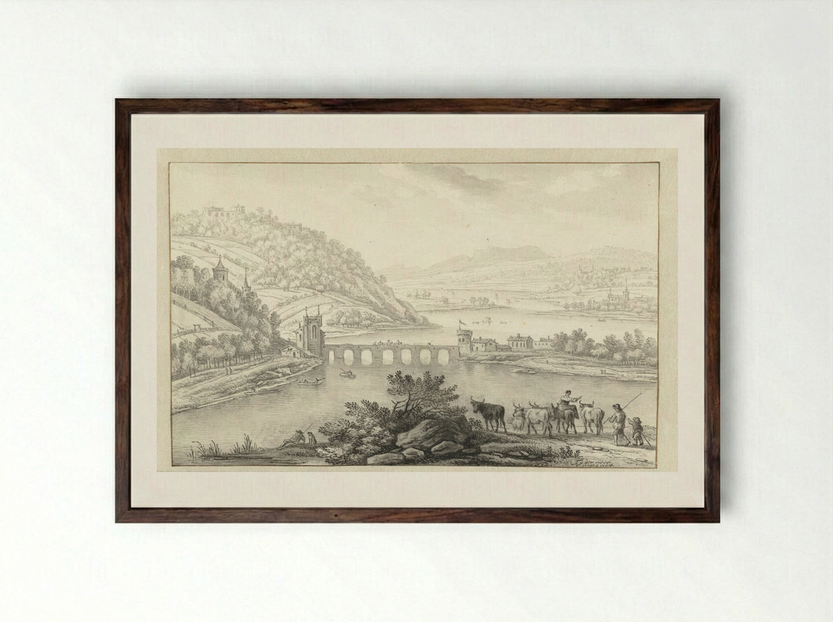 Rivier met een brug in een berglandschap - Jan van der Meer (II) - Framed Print Dark Wood