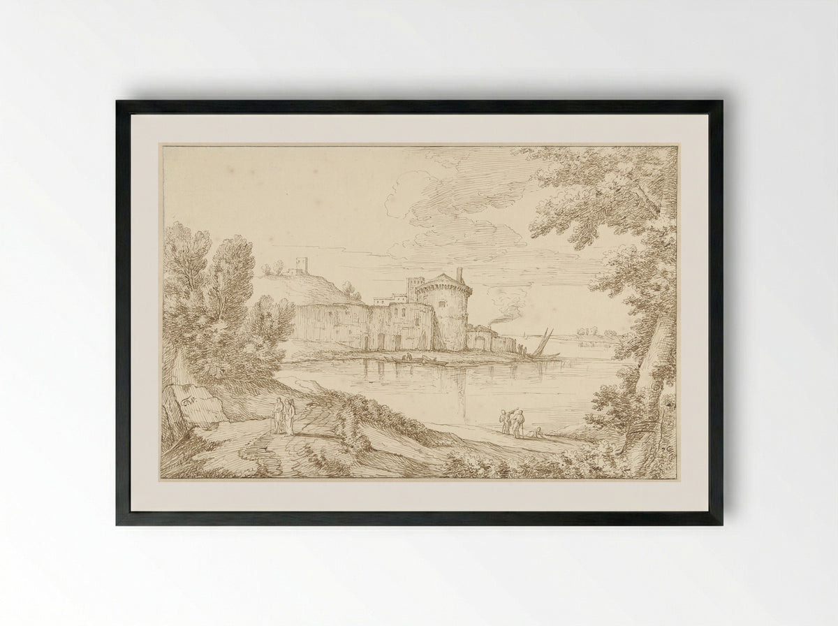Riviergezicht in Italië met een toren - Theodoor Wilkens - Framed Print Black