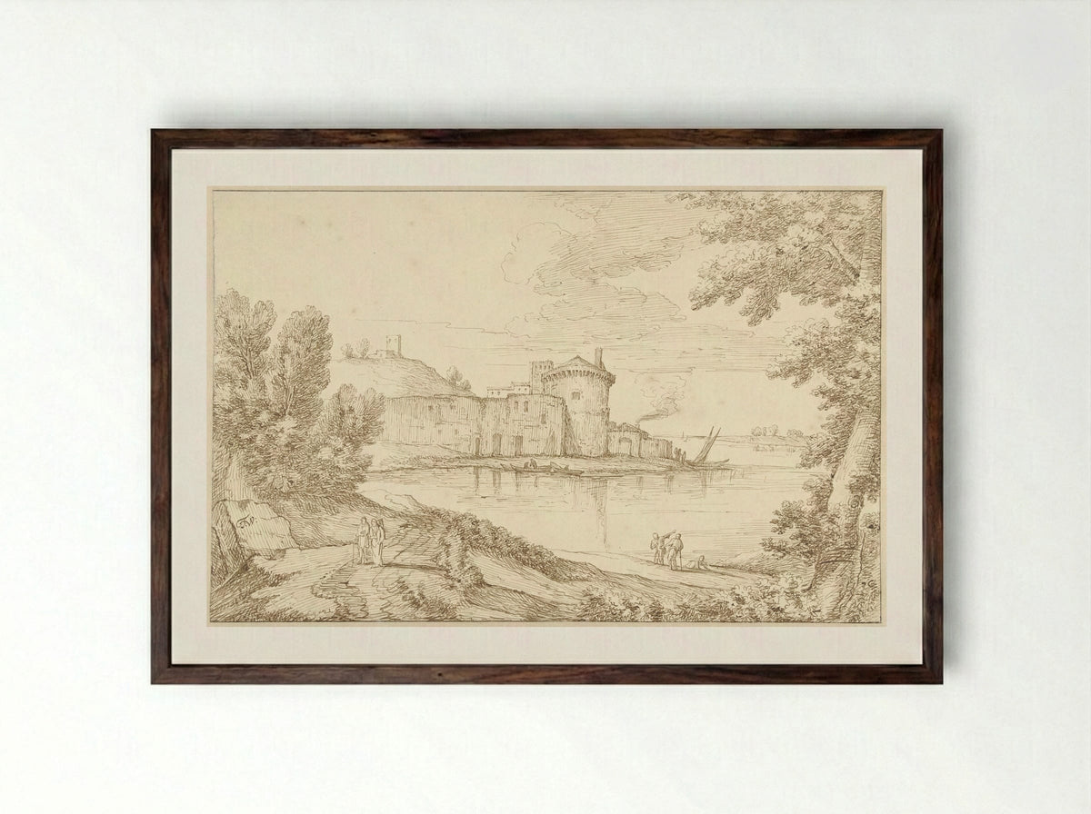 Riviergezicht in Italië met een toren - Theodoor Wilkens - Framed Print Dark Wood