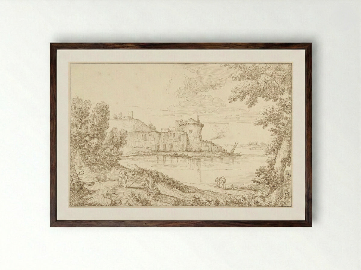 Riviergezicht in Italië met een toren - Theodoor Wilkens - Framed Print Dark Wood