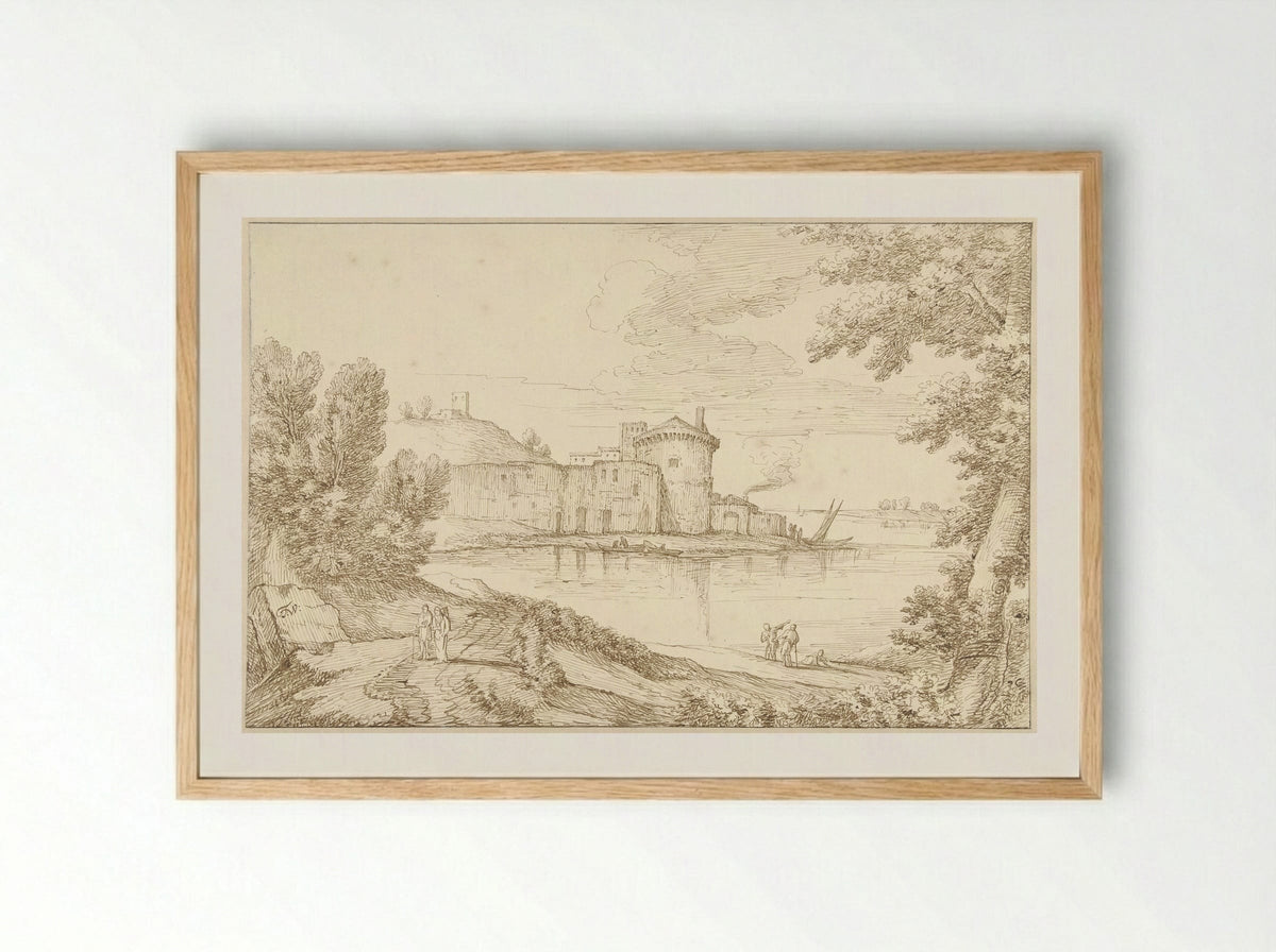 Riviergezicht in Italië met een toren - Theodoor Wilkens - Framed Print Wood