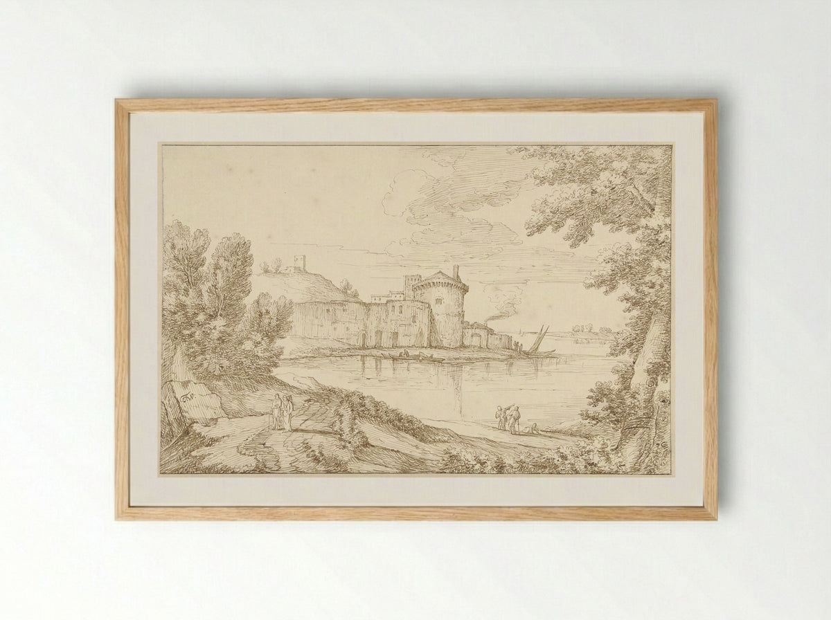 Riviergezicht in Italië met een toren - Theodoor Wilkens - Framed Print Wood