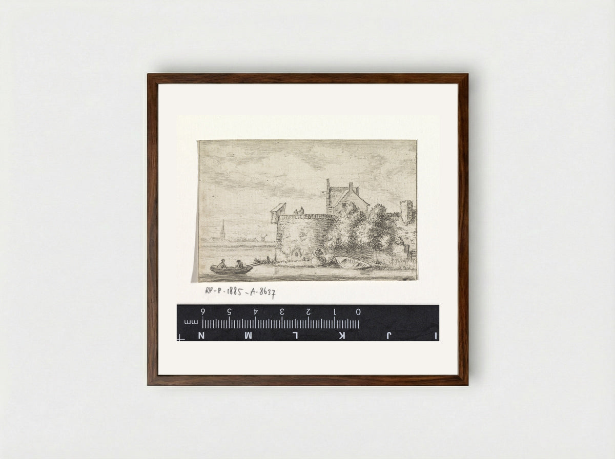 Riviergezicht met een stadswal - Hendrik Spilman - Framed Print Dark Wood