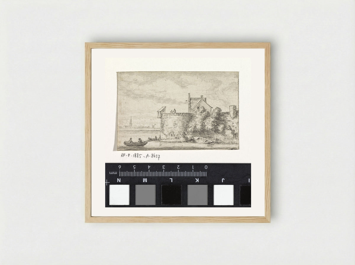 Riviergezicht met een stadswal - Hendrik Spilman - Framed Print Wood