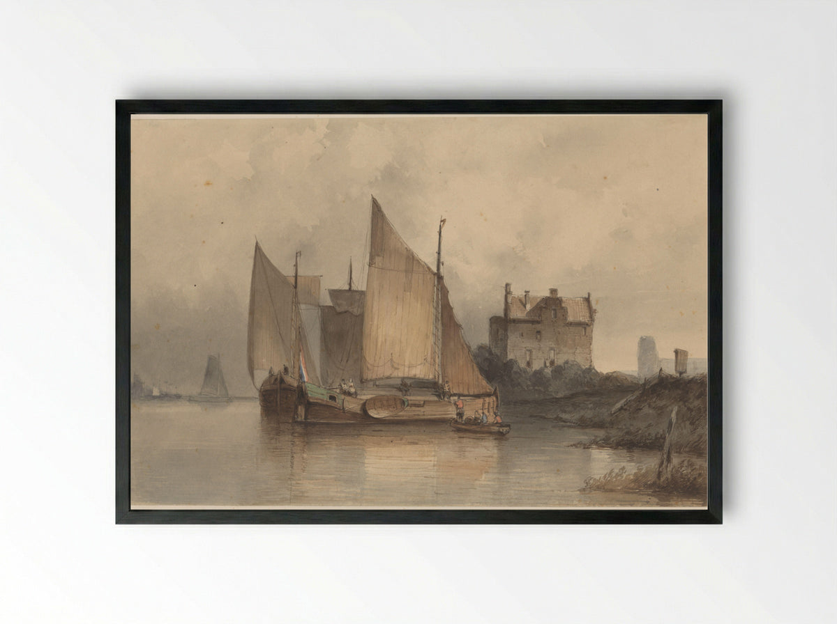 Riviergezicht met een zeilschip - Antonie Waldorp - Framed Print Black