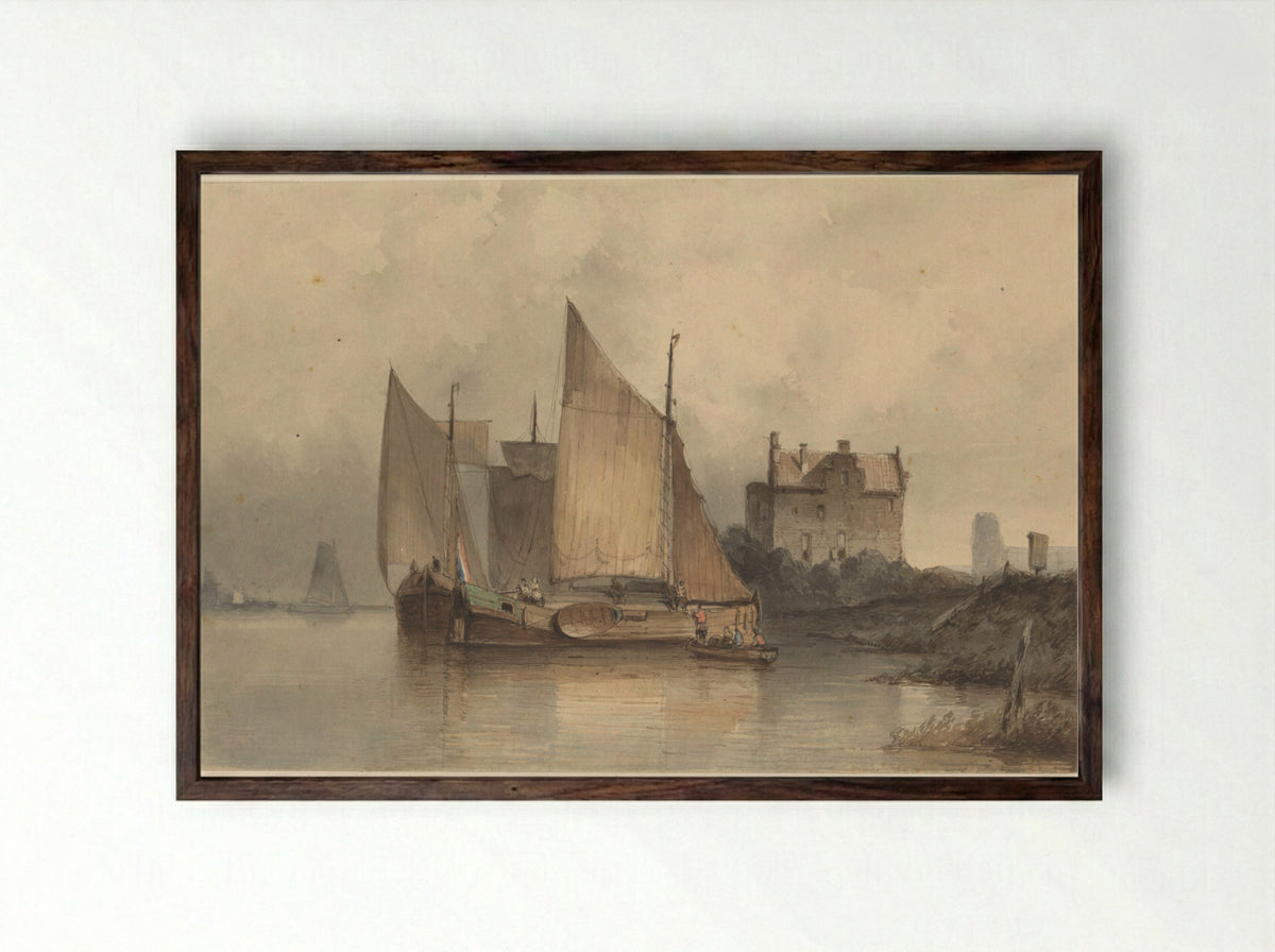 Riviergezicht met een zeilschip - Antonie Waldorp - Framed Print Dark Wood