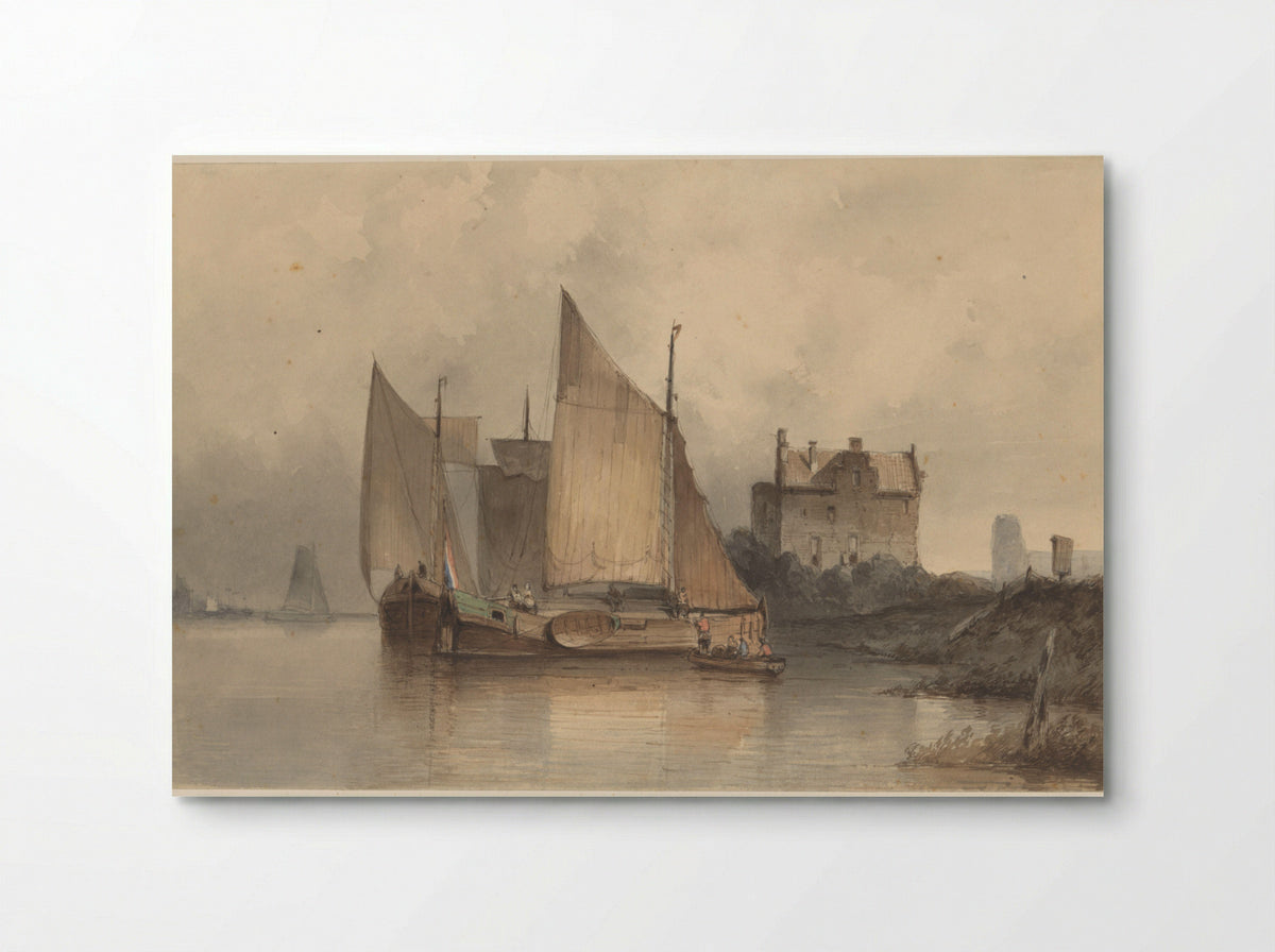 Riviergezicht met een zeilschip - Antonie Waldorp - Poster