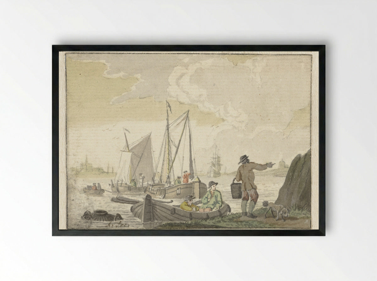 Riviergezicht met schepen - Nicolaes Aartman - Framed Print Black