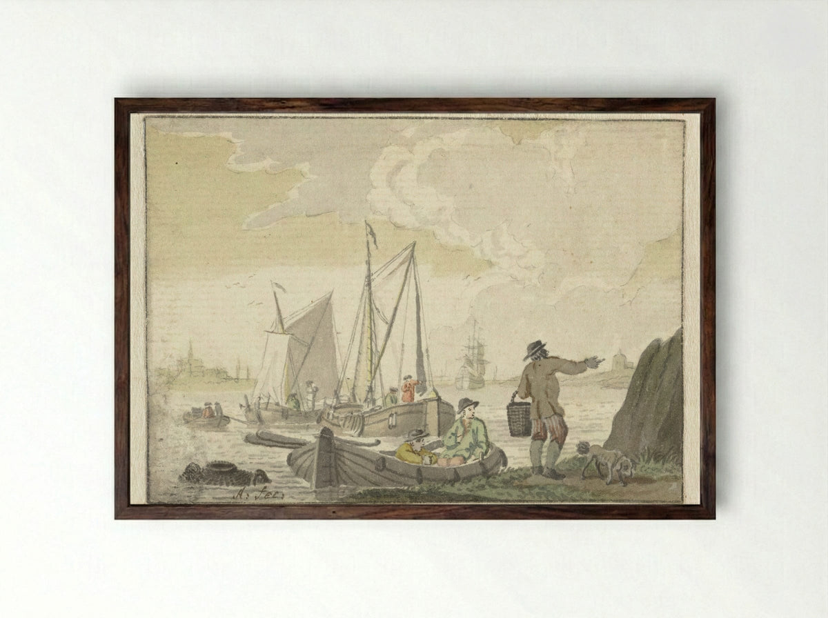 Riviergezicht met schepen - Nicolaes Aartman - Framed Print Dark Wood