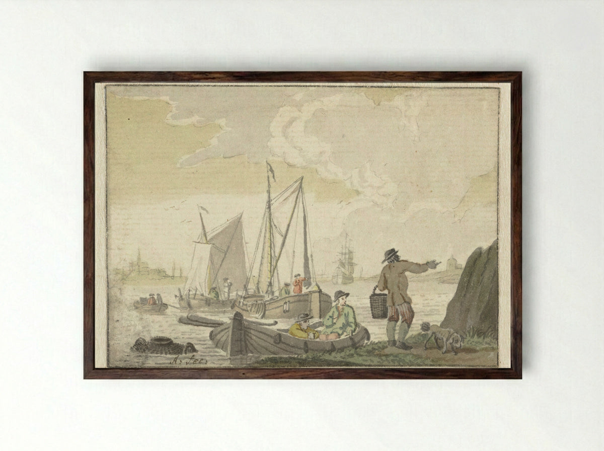 Riviergezicht met schepen - Nicolaes Aartman - Framed Print Dark Wood
