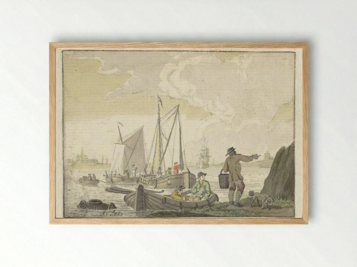 Riviergezicht met schepen - Nicolaes Aartman - Framed Print Wood