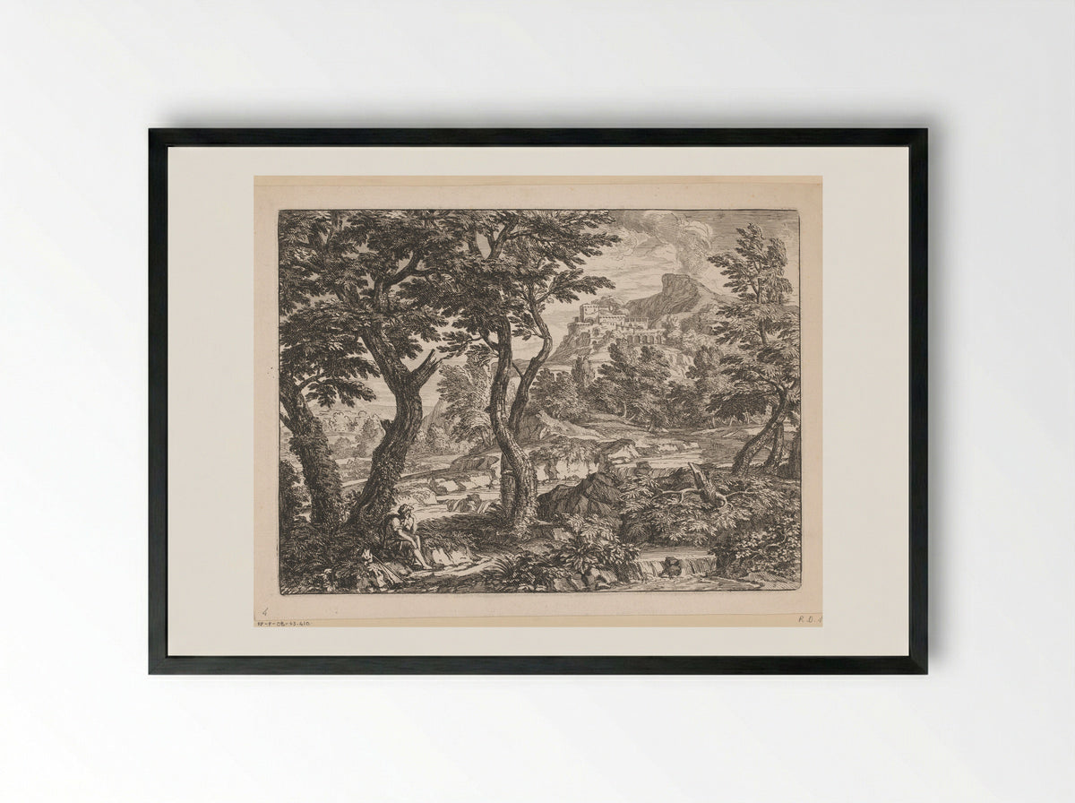 Rivierlandschap met een reiziger langs een pad gezeten - Georges Focus - Framed Print Black