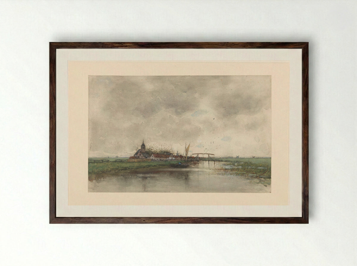Rivierlandschap met gezicht op een dorp - Fredericus Jacobus van Rossum du Chattel - Framed Print Dark Wood
