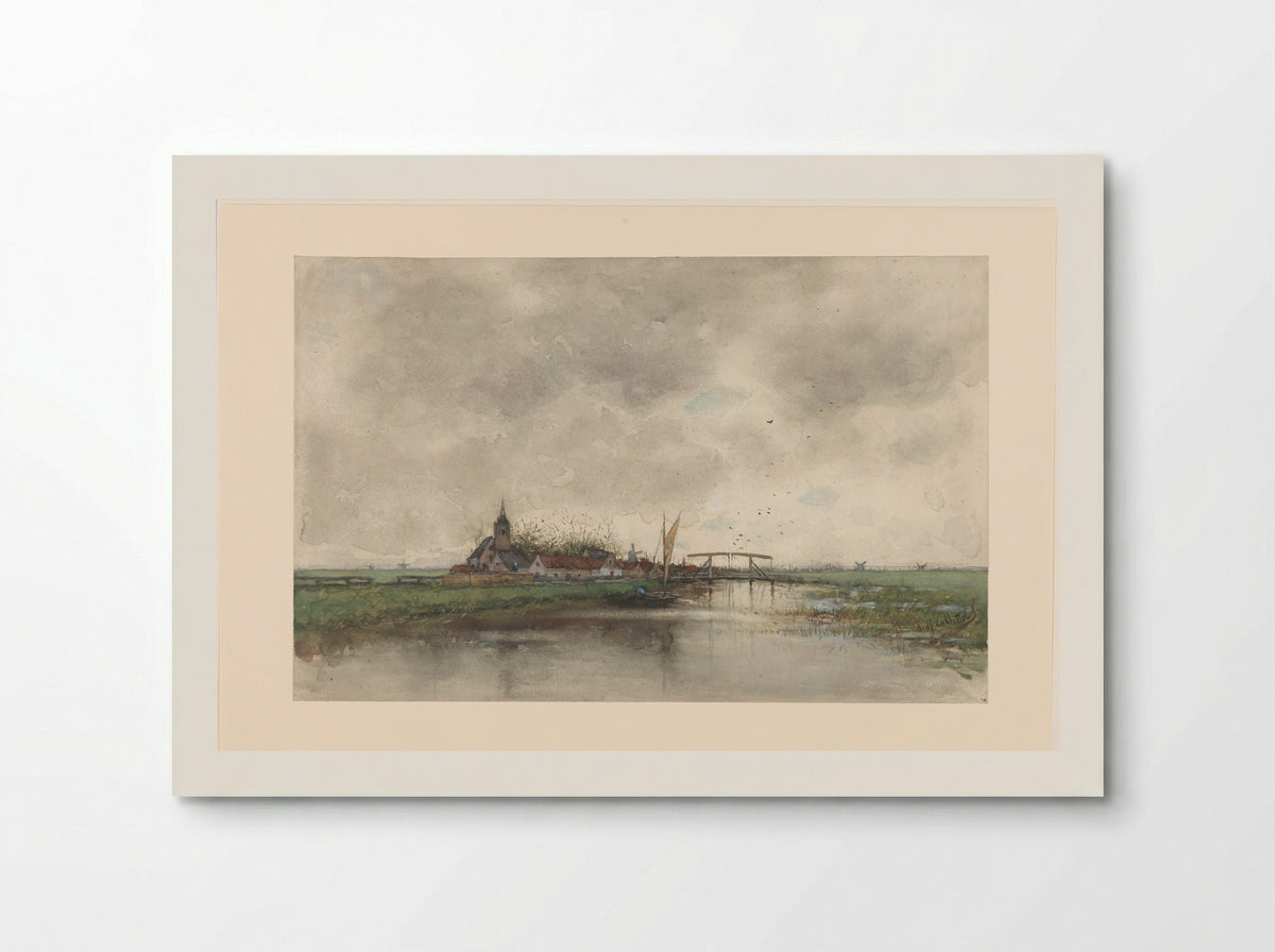 Rivierlandschap met gezicht op een dorp - Fredericus Jacobus van Rossum du Chattel - Poster