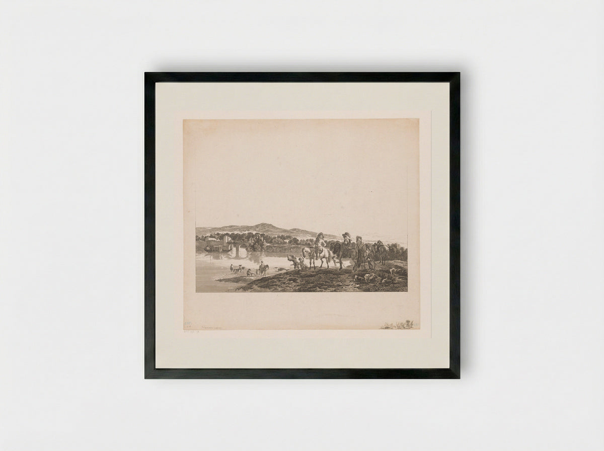 Rivierlandschap met jagers - Carl Wilhelm Weisbrod - Framed Print Black