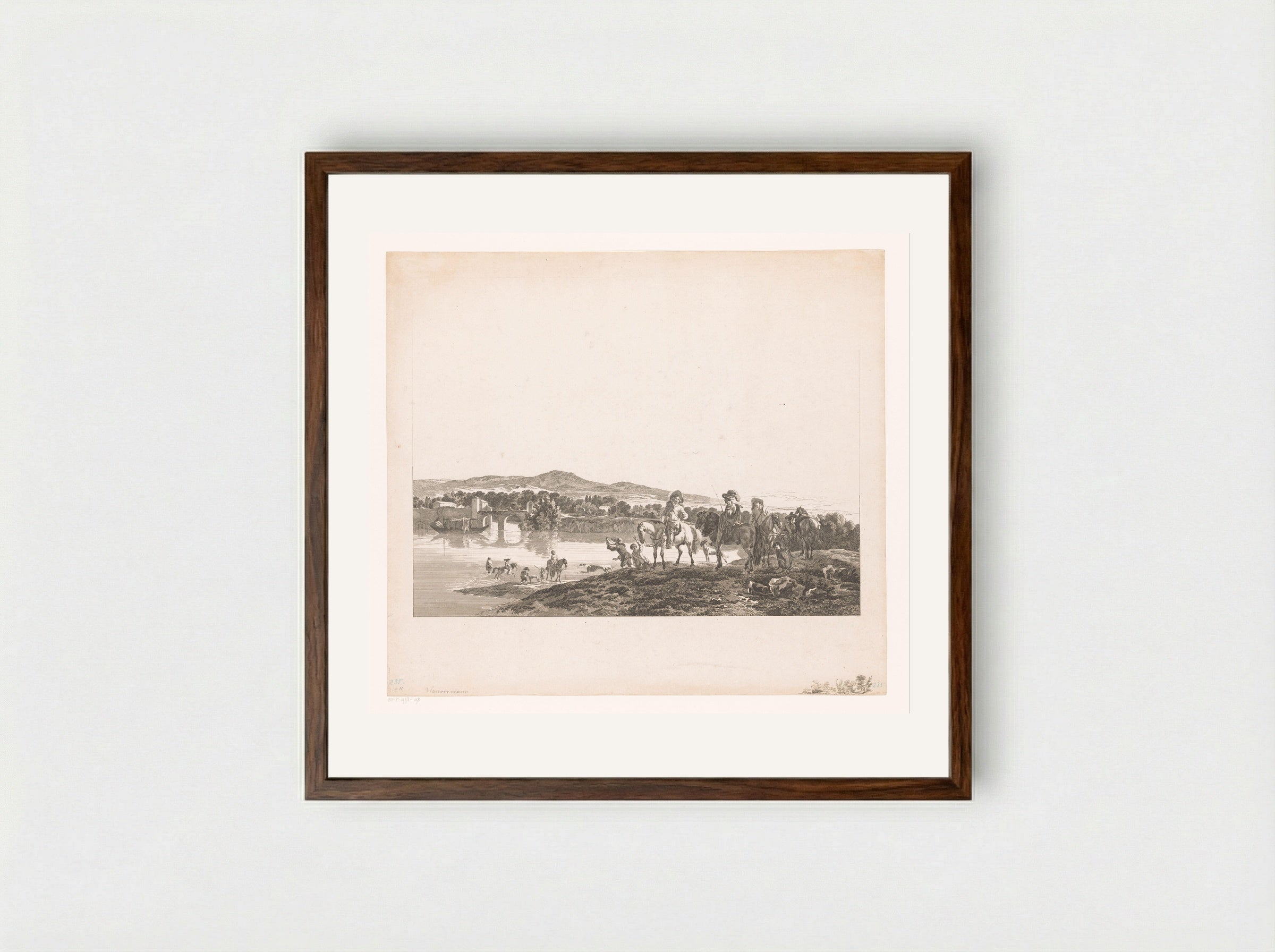 Rivierlandschap met jagers - Carl Wilhelm Weisbrod - Framed Print Dark Wood