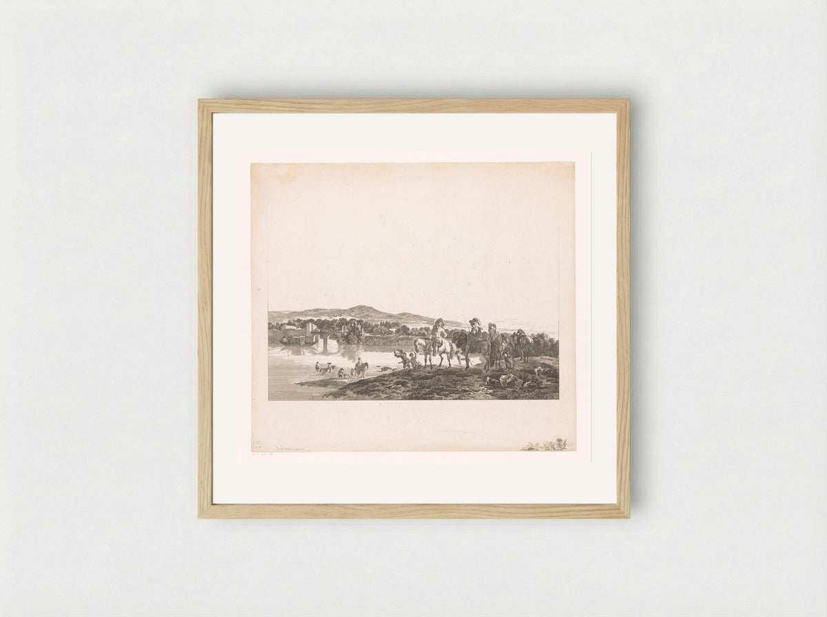 Rivierlandschap met jagers - Carl Wilhelm Weisbrod - Framed Print Wood