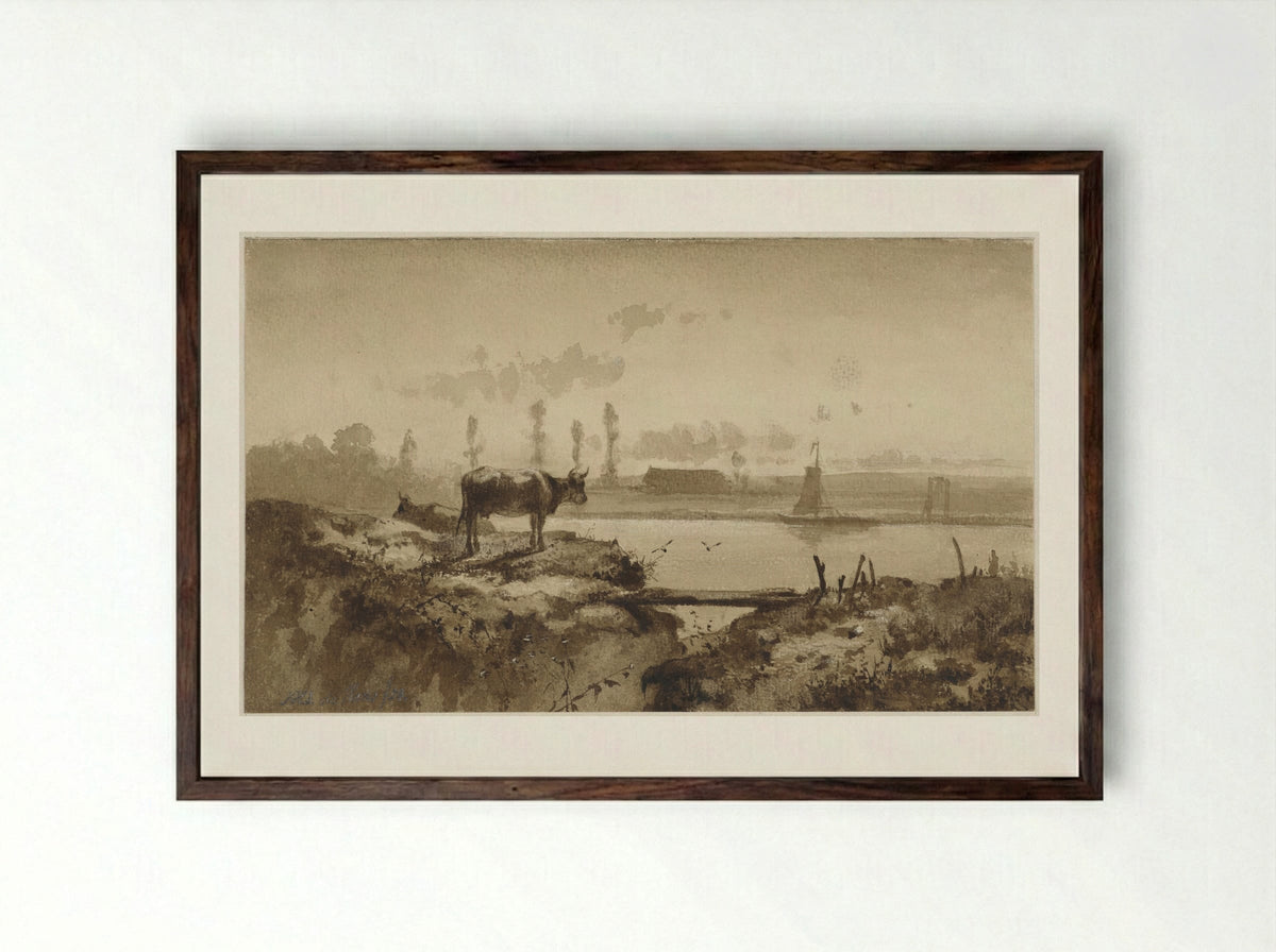 Rivierlandschap met koe - Johannes Hubertus Leonardus de Haas - Framed Print Dark Wood
