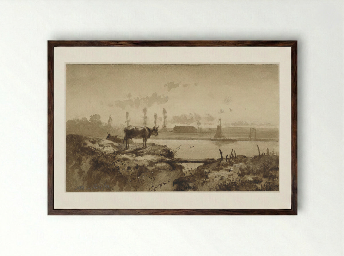 Rivierlandschap met koe - Johannes Hubertus Leonardus de Haas - Framed Print Dark Wood