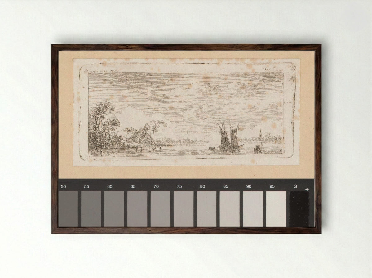 Rivierlandschap met schepen - Johann Friedrich Morgenstern - Framed Print Dark Wood