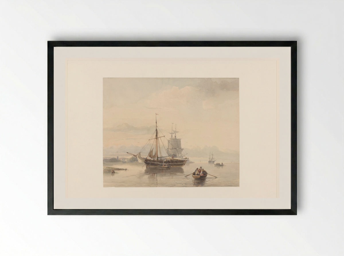 Rivierlandschap met sloepen en zeilschepen - Johan Adolph Rust - Framed Print Black