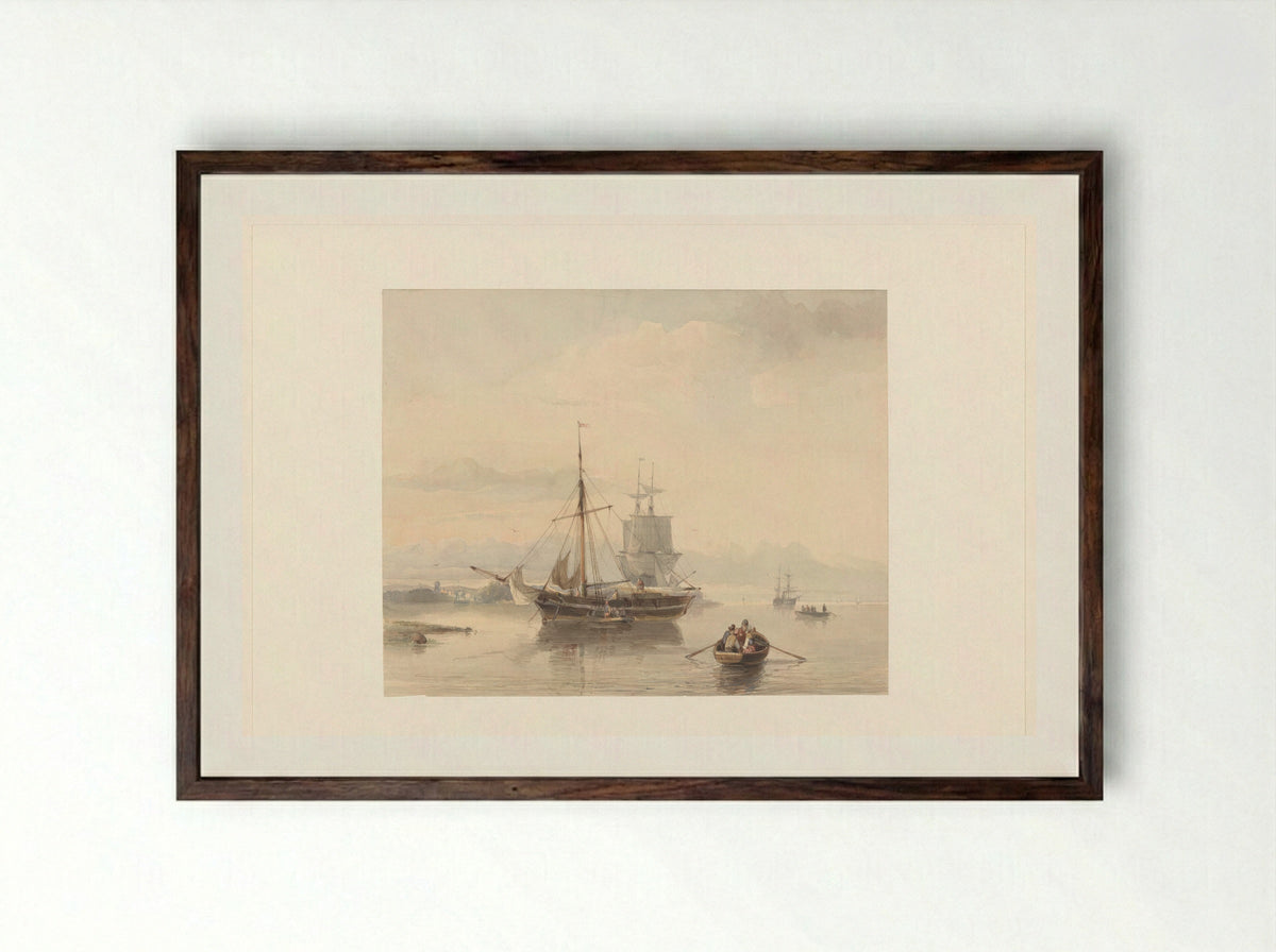 Rivierlandschap met sloepen en zeilschepen - Johan Adolph Rust - Framed Print Dark Wood