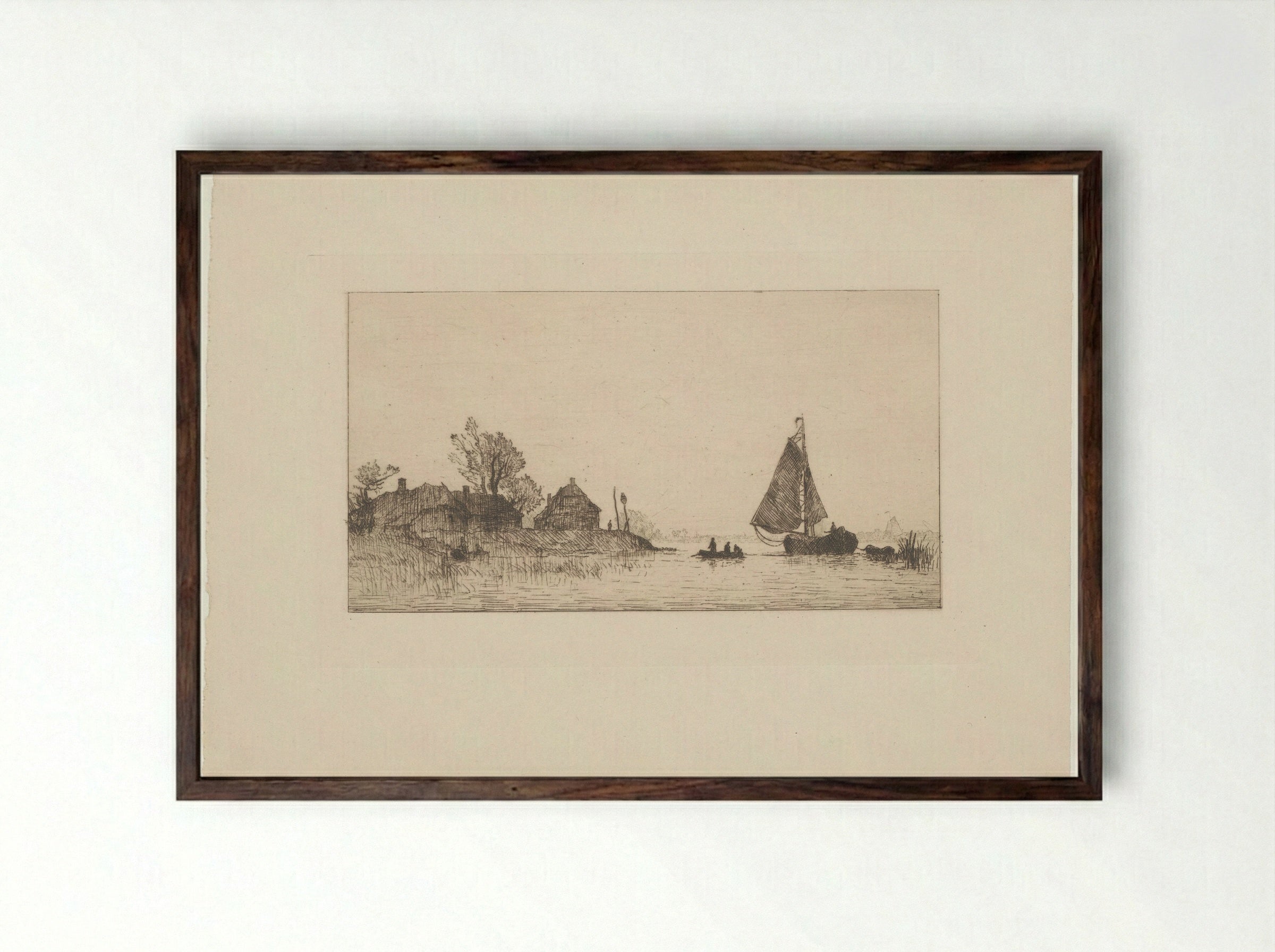 Rivierlandschap met zeilboot en twee roeiboten - Alphonse Stengelin - Framed Print Dark Wood