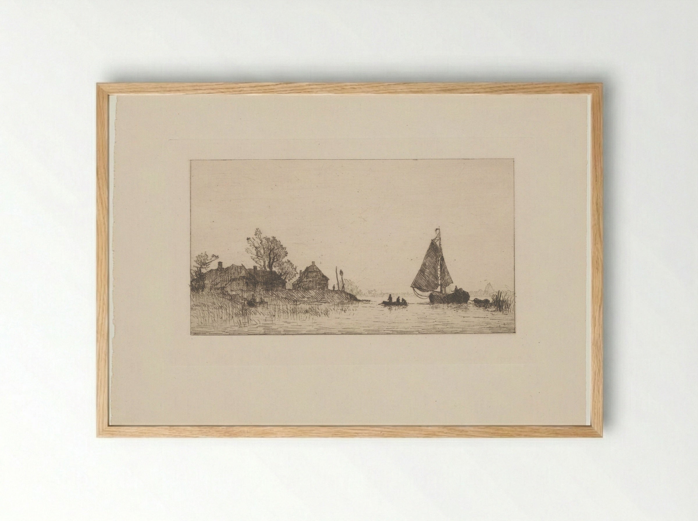 Rivierlandschap met zeilboot en twee roeiboten - Alphonse Stengelin - Framed Print Wood