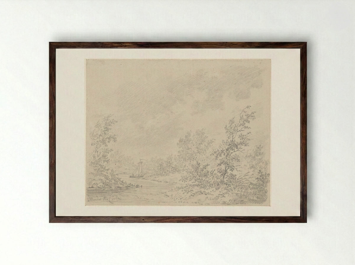 Rivierlandschap met zeilbootje - Samuel Henri Mendes da Costa - Framed Print Dark Wood