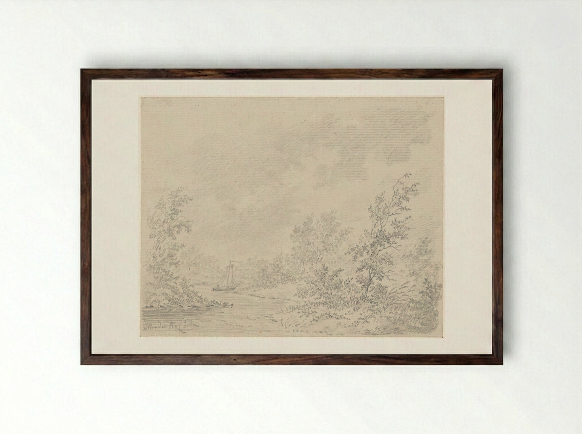 Rivierlandschap met zeilbootje - Samuel Henri Mendes da Costa - Framed Print Dark Wood
