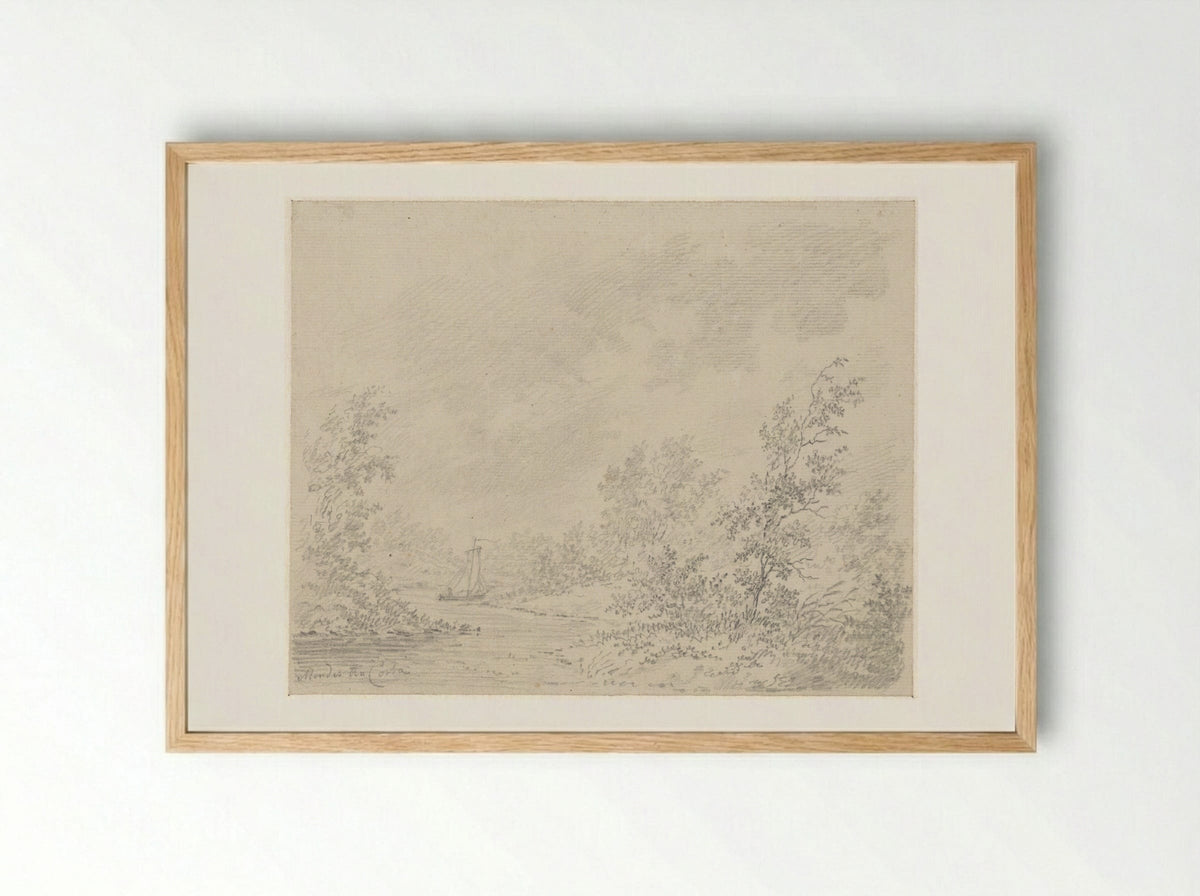 Rivierlandschap met zeilbootje - Samuel Henri Mendes da Costa - Framed Print Wood