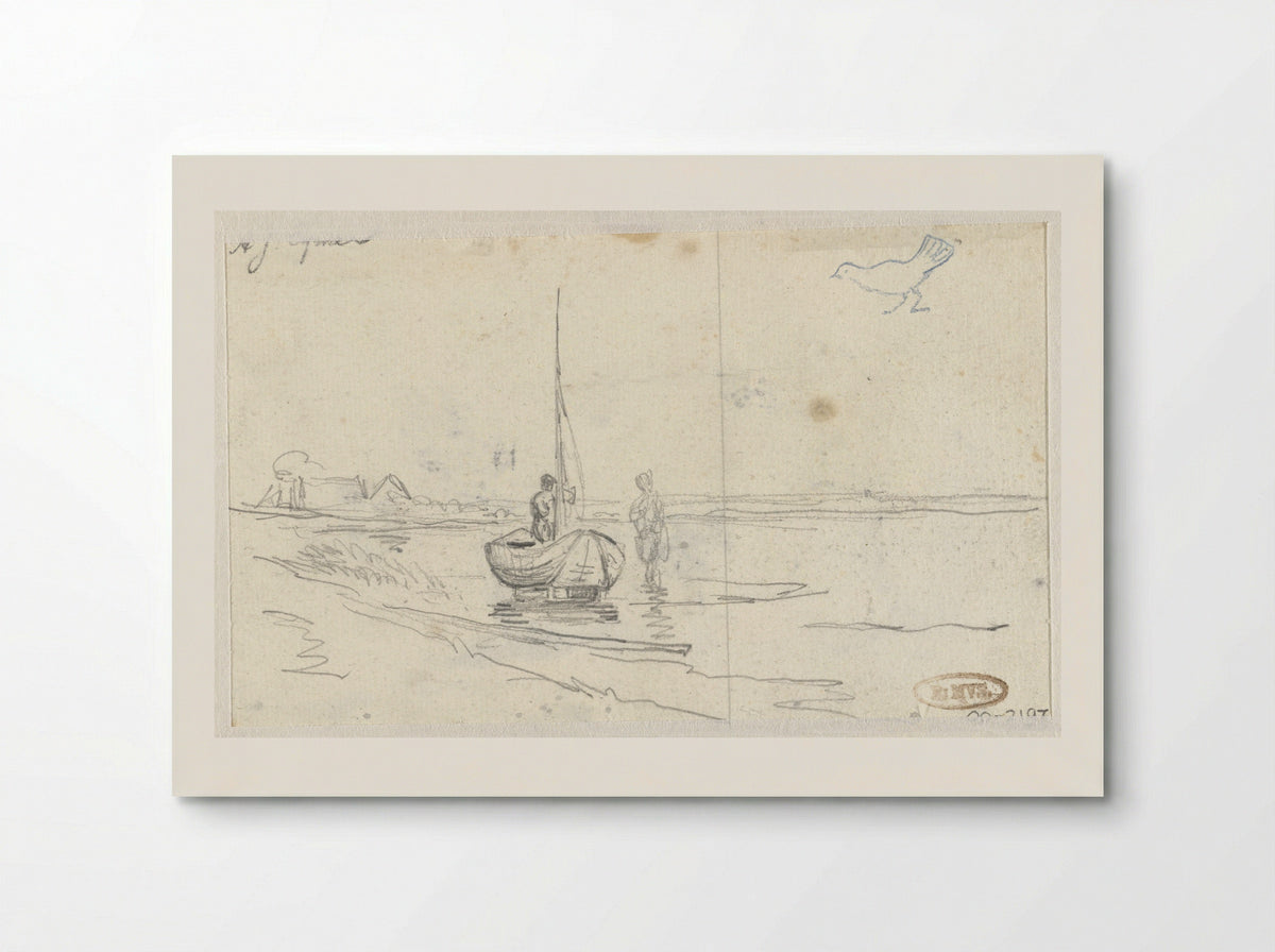 Rivieroever met twee figuren bij een boot - Arnoldus Johannes Eymer - Poster