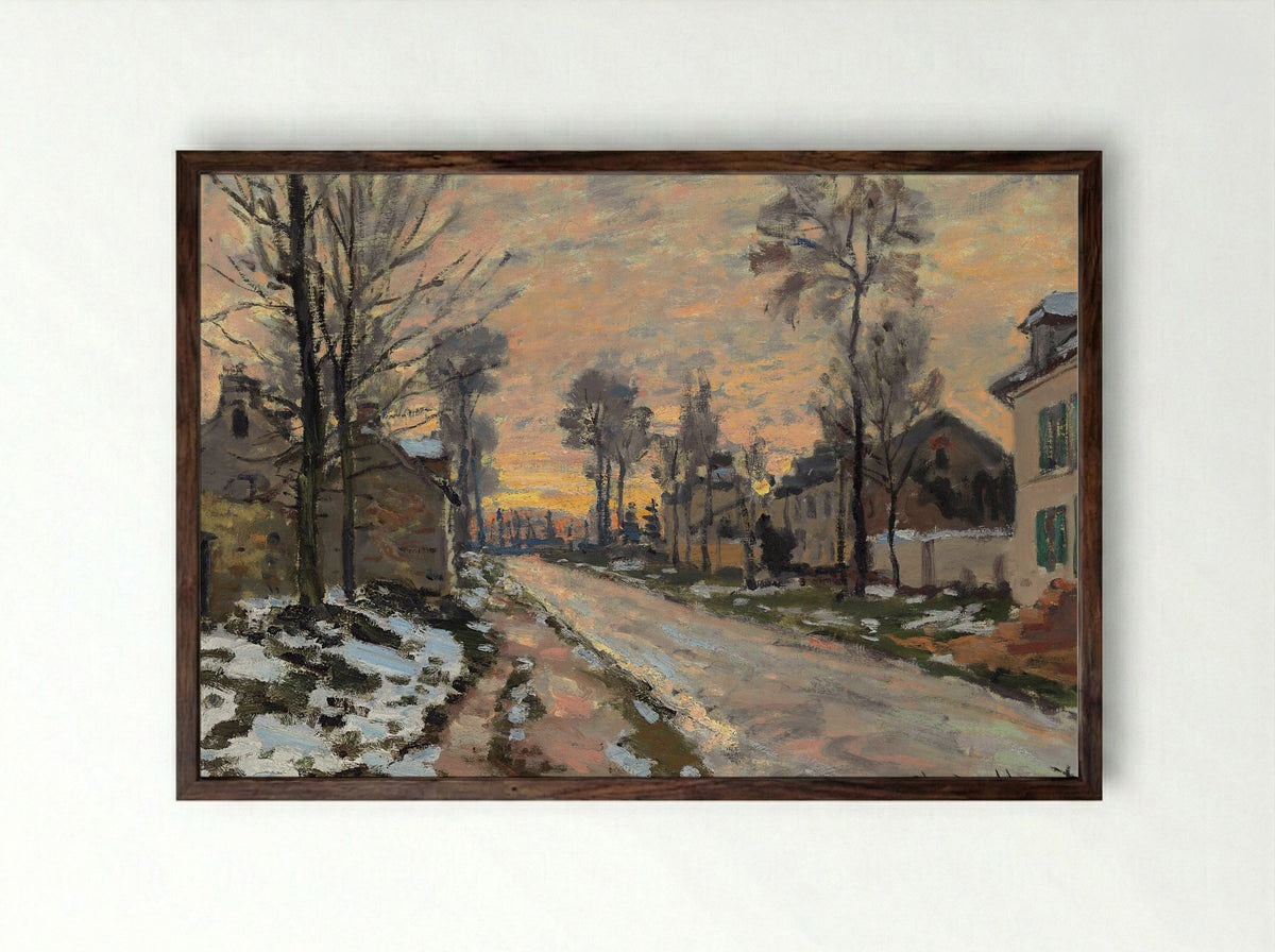 Road at Louveciennes, Melting Snow, Sunset - Claude Monet - Framed Print Dark Wood