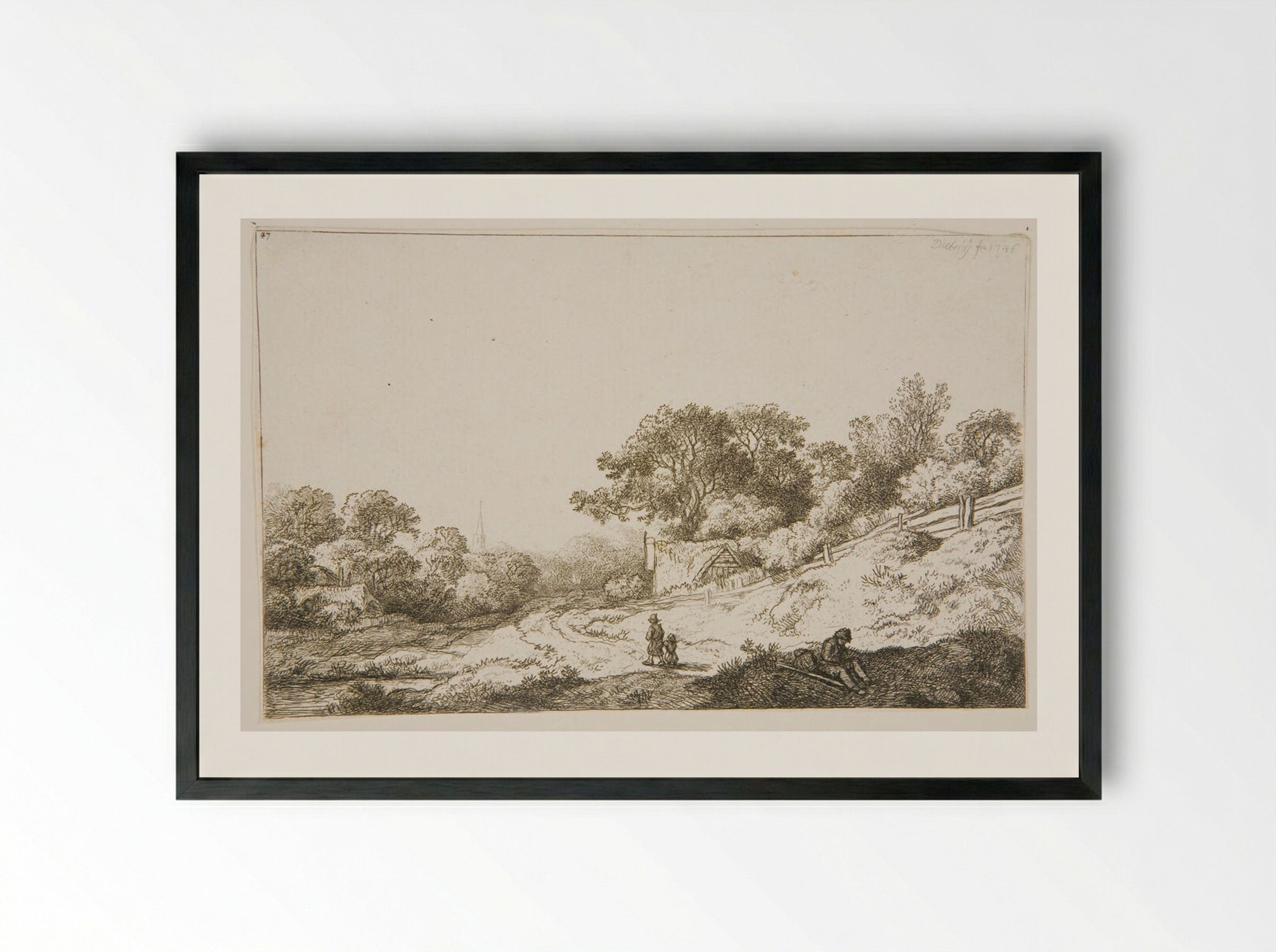 Road by a Board Fence - Christian Wilhelm Ernst Dietrich - Framed Print Black